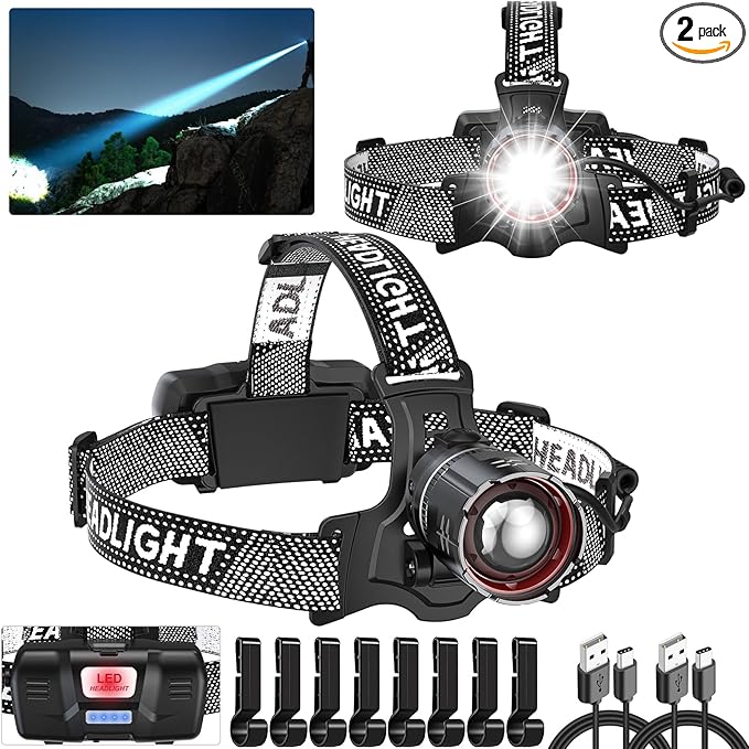Super Bright Headlamp Rechargeable 2 Pack, High Lumen LED Head Lamp with Motion Sensor, 5 Modes