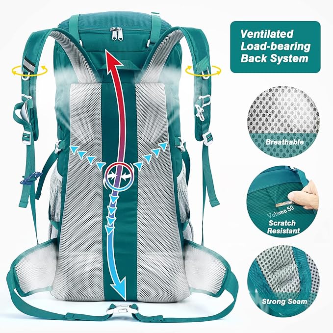 HOMIEE 50L Hiking Backpack Travel Bag Waterproof Camping Rucksack with Rain Cover Lightweight