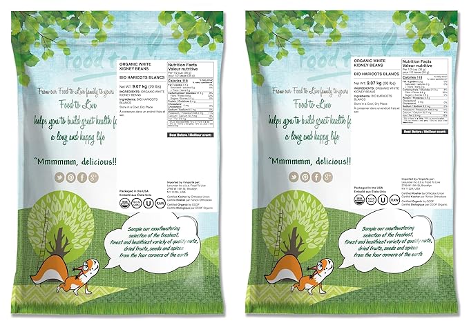 Food to Live Organic White Kidney Beans, 20 Pounds - Whole Raw Dried Beans, Vegan, Kosher, Bulk.