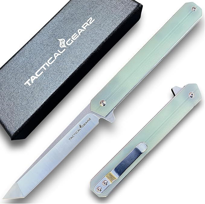 TACTICAL GEARZ Pocket Knife for EDC, G10 Handle, D2 Steel Tanto Blade, Includes Sheath (Oris Ice)