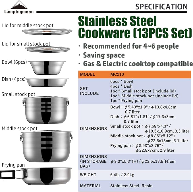 CAMPINGMOON Camping Cookware Set Stainless Steel Outdoor Nesting Cooking Mess Kit Pots Pans Bowls