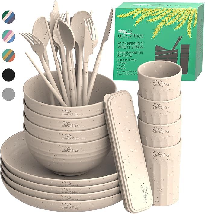 Wheat Straw Dinnerware Sets for 4 - Alternate To Plastic Dinnerware Set - Dishwasher Safe Microwave