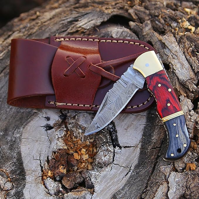6.5 inch Damascus Pocket Knife with Sheath, Handmade Folding Pocket Knife for Men, Black-Red Wooden