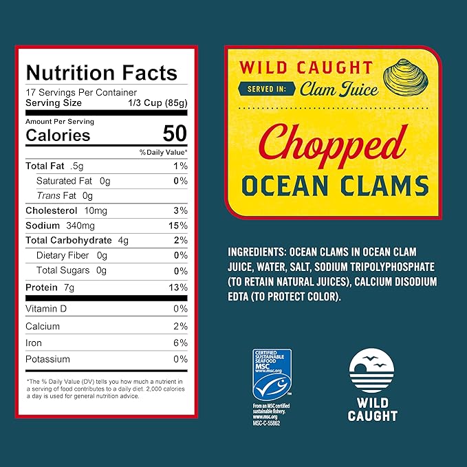 Snow's Ocean Chopped Clams Canned, 51 oz Can - 7g Protein per Serving - Gluten Free, No MSG, 99%