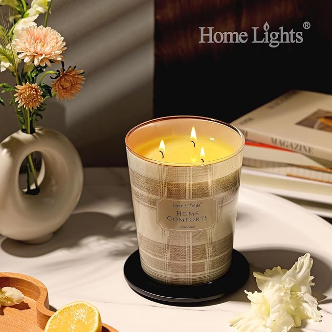 HomeLights Home Comforts Scented Candles | 34oz Soy Candles Rustic Modern 3-Wick Large Candle Jars