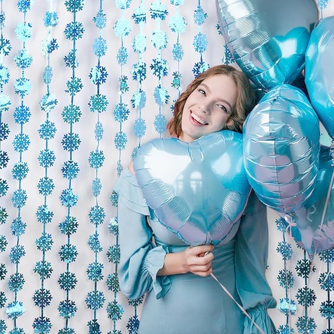 BRAVESHINE Blue Party Snowflake Backdrop - 2 Pack Hanging Foil Fringe Snow Flakes Party Streamers