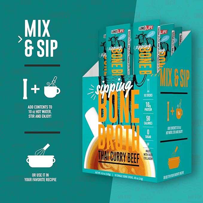 LonoLife Thai Curry Beef Bone Broth Powder Mix | Grass-Fed, 10g Protein | Collagen-Rich, Keto &