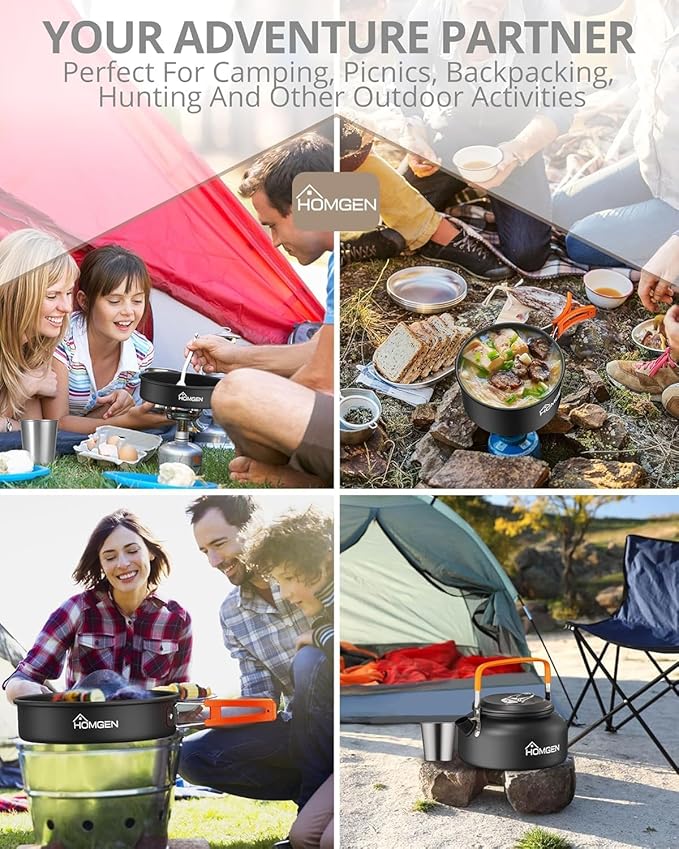 HOMGEN 14-Piece Camping Cooking Set with Stove Windshield & 2 Plates - Lightweight Aluminum Nesting