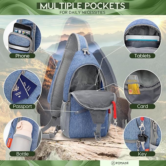 ZOMAKE Sling Bag,Small Crossbody Sling Backpack,Water Resistant Shoulder Daypack for Travel,Anti