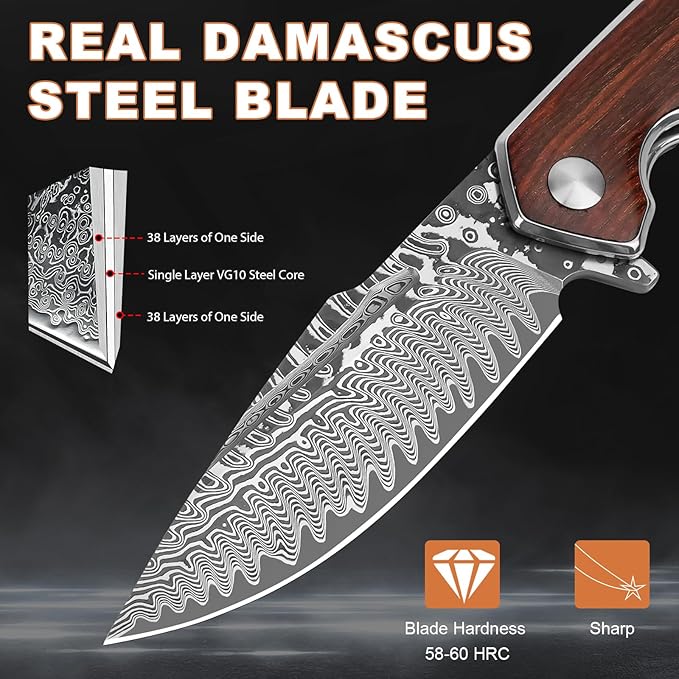 AUBEY Damascus Pocket Knife with Clip, Damascus Steel Blade Folding Knives with Ball Bearing, EDC