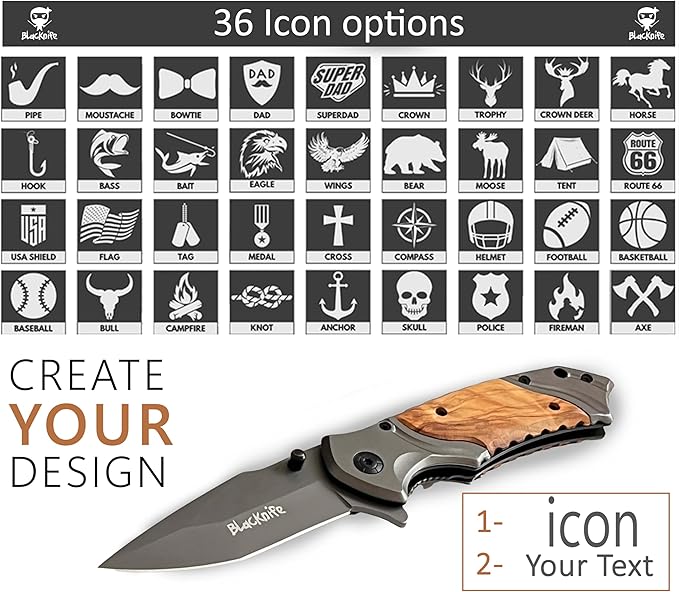 BlacKnife Personalized Pocket Knife for Men, Engraved Icon, Name & Text - 36 Icons & 20 Fonts - Dad