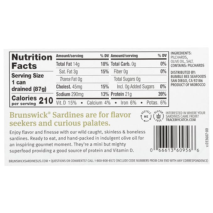Brunswick Wild Caught Skinless and Boneless Sardines, Served in Olive Oil, 4.4 Ounce (Pack of 12)