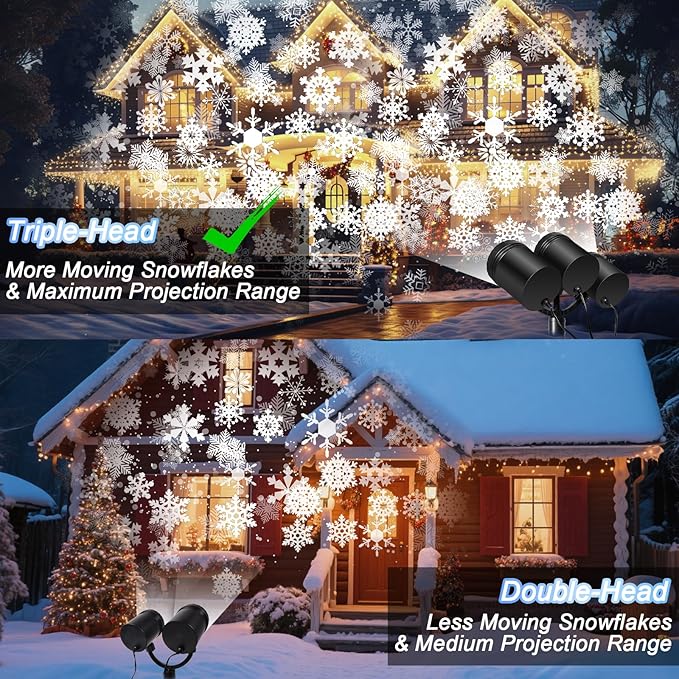 Snowflake Christmas Projector Lights Outdoor, [Timer] Triple Head Snowflake Projector Light