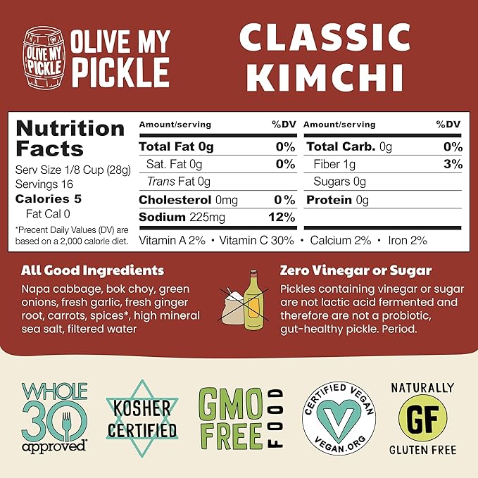 Olive My Pickle Organic Kimchi Fermented - 16 oz | 1 Pack of Classic Probiotic Napa Cabbage Kimchi