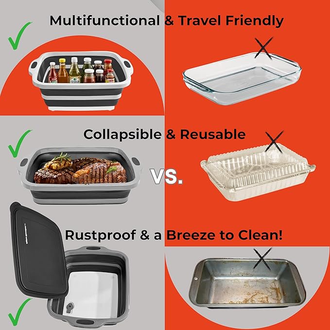 Collapsible Large (8L) BBQ Marinating Tub w/Cutting Board | Multipurpose Food-Grade TPE Prep Tub