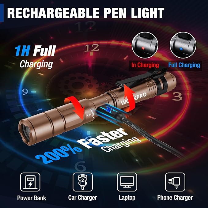 WORKPRO Rechargeable Pen Light, Mini Flashlight, 2 Pack Ultra-Compact EDC Flashlight, Pocket