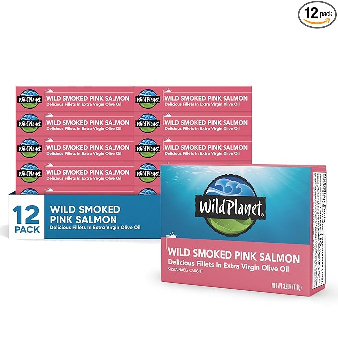 Wild Planet Wild Smoked Pink Salmon Fillets in Extra Virgin Olive Oil, Tinned Fish, Canned Salmon
