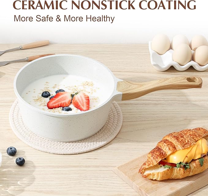 SENSARTE White Ceramic Nonstick Saucepan with Lid 1.5 Quarts, Small Cooking Pot with Stay Cool