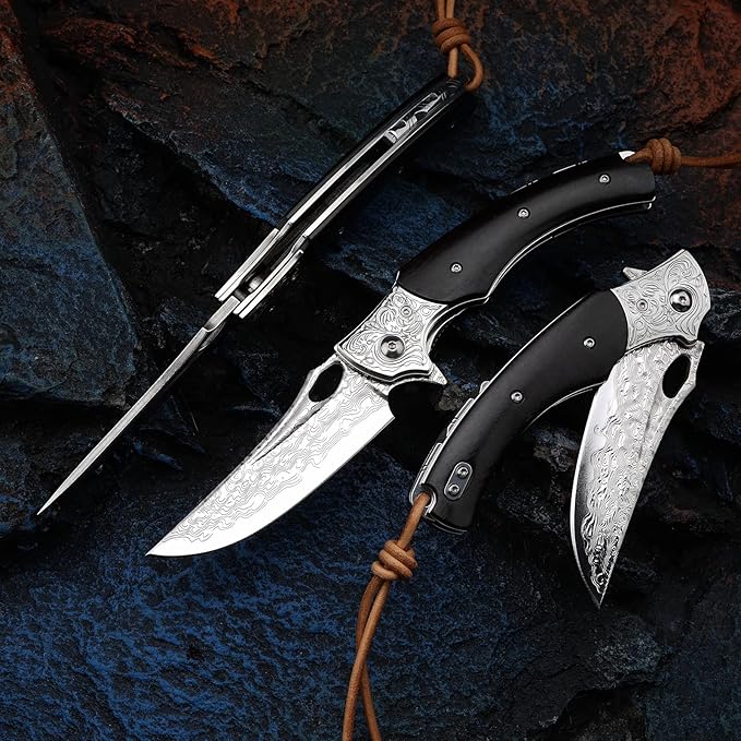 3.5 inch Japanese VG10 Damascus Steel Outdoor Folding Knife with Black Wood Handle, Lined Lock, EDC