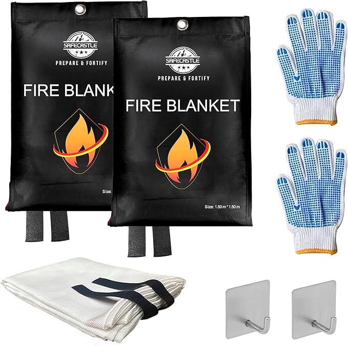 SAFECASTLE Emergency Fire Blanket 59"x59" Large Size, 2 Pack + 2 Hooks & 2 Gloves Fire Retardant