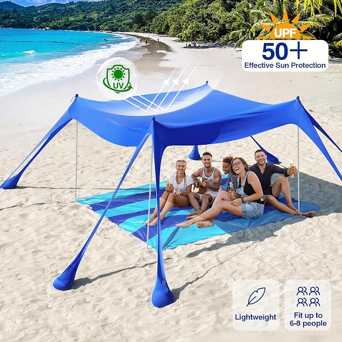 Rhino Valley Beach Tent Shade Canopy UPF50+ Protection, 8 Sandbags, 4 Stability Poles, Outdoor Sun