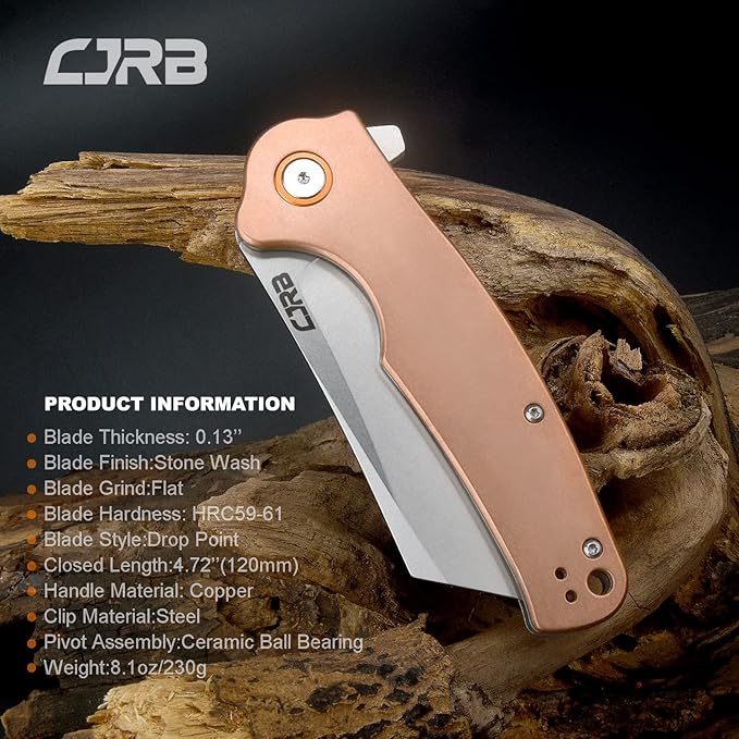 CJRB Crag Folding Pocket Knife, 3.43" D2 Steel Blade Copper Handle EDC Knife with Pocket Clip for