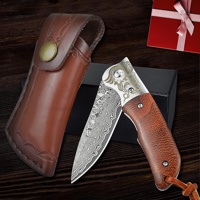 AUBEY Damascus Pocket Knife with Clip, Folding Knives with VG10 Damascus Steel Blade, Wooden