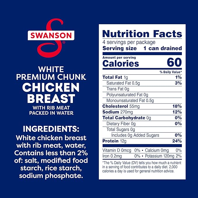 Swanson White Premium Chunk Chicken Breast with Rib Meat in Water, 4.5 oz. (Pack of 4)