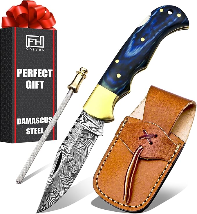 Handmade Damascus Pocket Knife for Men - 6.5 Inch Damascus Knife with Sheath - Damascus Folding