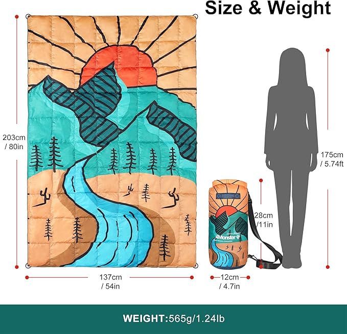 4Monster Down Camping Blanket - Outdoor Travel Quilt Puffy 650 Fill, Packable, Lightweight,Wind &