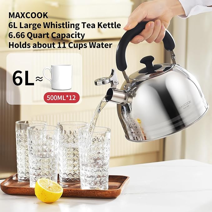 Tea Kettle, 5.7QT 6L Whistling Tea Kettle for Stove Top, 304 Stainless Steel Tea pot, Large Teapot
