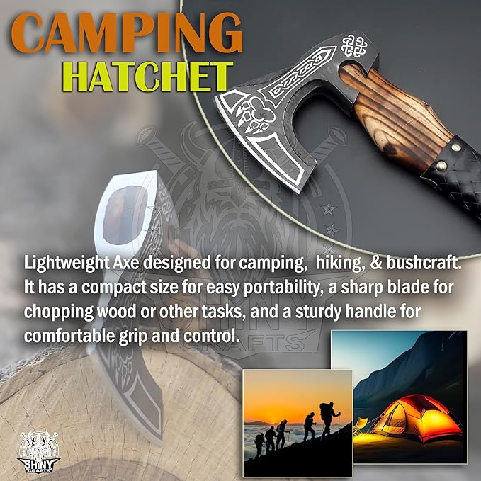 SHINY CRAFTS®- Decorative Viking Axe – Unique Gift for Dad Carbon Steel Blade with Leather Handle