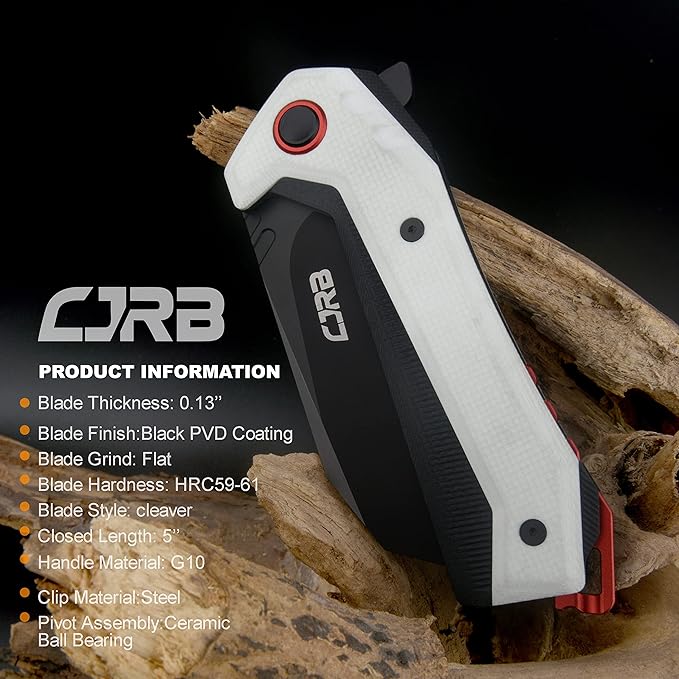 CJRB Tigris Pocket Knife, Folding Knife with AR-RPM9 Powder Steel Black PVD Blade Black & White G10