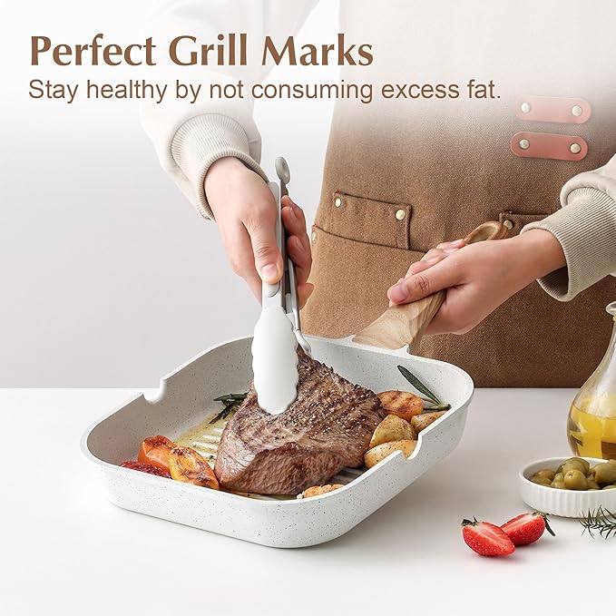 SENSARTE Nonstick Ceramic Grill Pan for Stove Tops, Versatile Square Grilling Pan with Pour Spouts