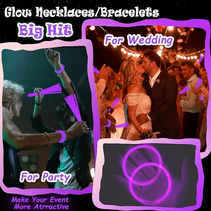 100 pk 8" Purple Glow Sticks Bulk Party Favors, Light up Glow Necklaces & Bracelets in the Dark