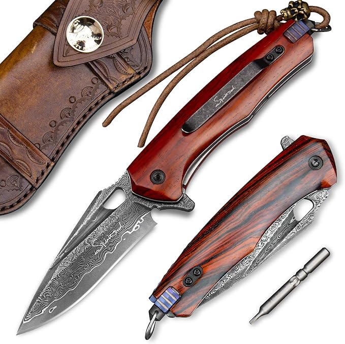 Damascus steel multifunctional EDC folding knife with self assembling pocket clip, lining lock