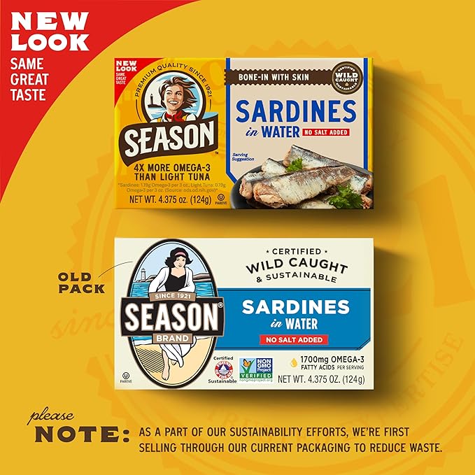 Season Sardines in Water - No Salt Added, Wild Caught, 22g of Protein, Keto Snacks, More Omega 3's