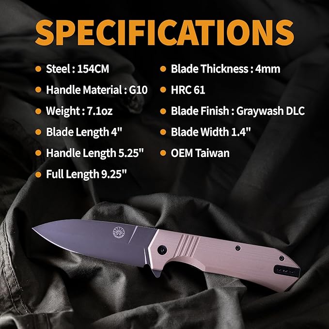Off-Grid Knives - Stinger XL Folding Knife w. Spear Point Blade, Crucible 154CM Steel, G10 Scales