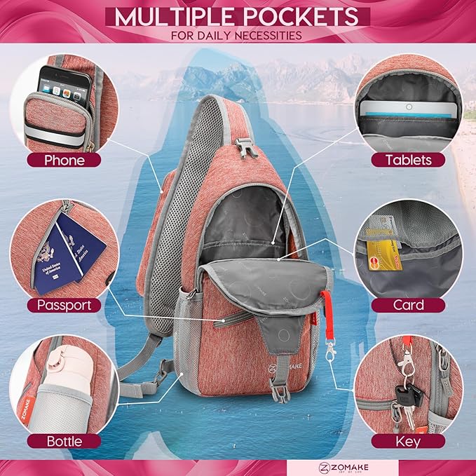 ZOMAKE Sling Bag,Small Crossbody Sling Backpack,Water Resistant Shoulder Daypack for Travel,Anti