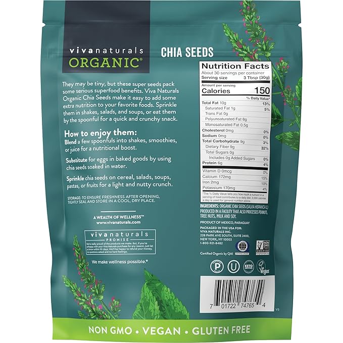 Viva Naturals Organic Chia Seeds, 2 lb (907 g) – Plant-Based Omega-3 and Vegan Protein, Gluten Free