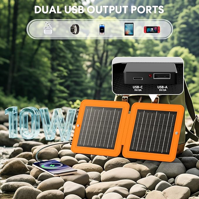 Solar Panels 10W Portable Foldable Solar Charger with 5V USB-A and USB-C Fast Charging Compatible