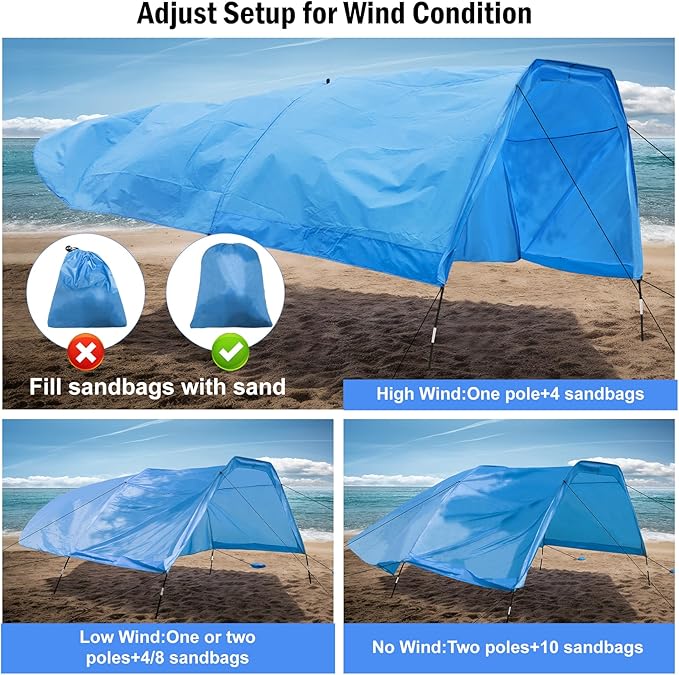Beach Shade 200 Sq. Ft Beach Canopy for 4-8 People, Portable Sun Shelter with UV Protection