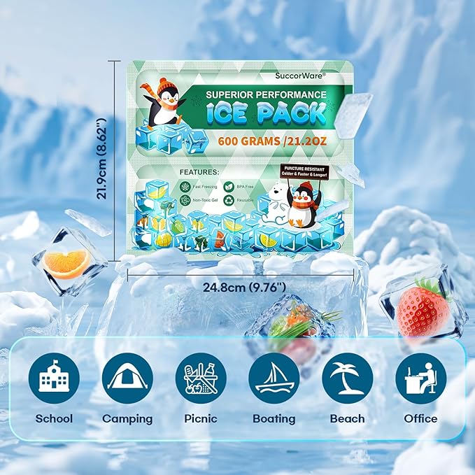 5 Packs Reusable Ice Packs for Lunch Boxes - 12+ Hour Cooling Ice Gel Pack for Camping, Beach