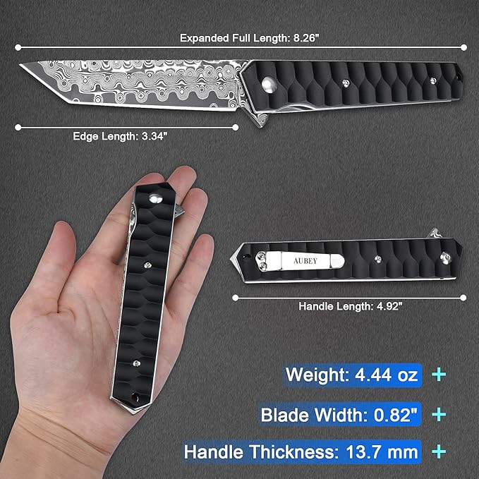 AUBEY Damascus Pocket Knife with Clip, Tanto Blade Damascus Steel Folding Knives for Men Tactical