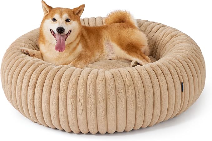 Bedsure Donut Large Dog Bed - Washable Faux Fur with Corduroy Fleece & Anti Slip Bottom, Round Pet