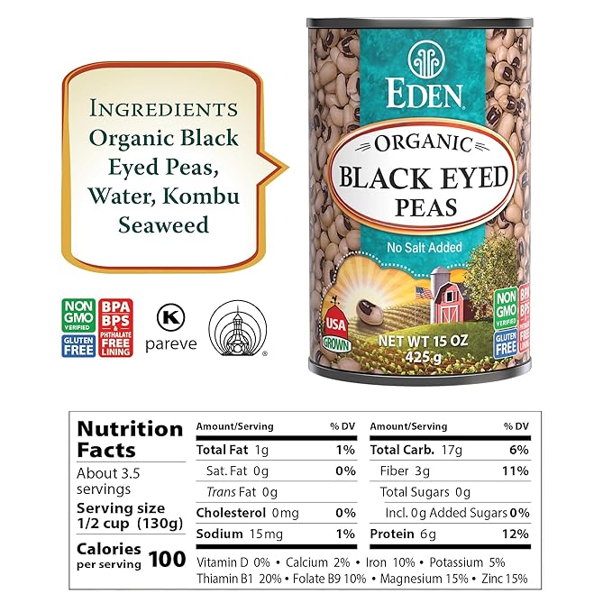 Eden Organic Black Eyed Peas, No Salt Added, 15-Ounce Cans (Pack of 12)