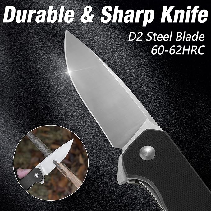 FLISSA Pocket Knife, Folding Tactical Knife with G10 Handle, D2 Blade, Liner Lock, Pocket Clip, EDC