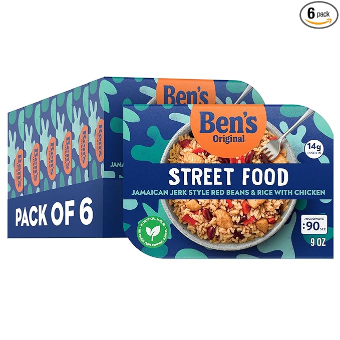 BEN'S ORIGINAL Street Food Jamaican Jerk Style Beans & Rice with Chicken, Prepared Entrée