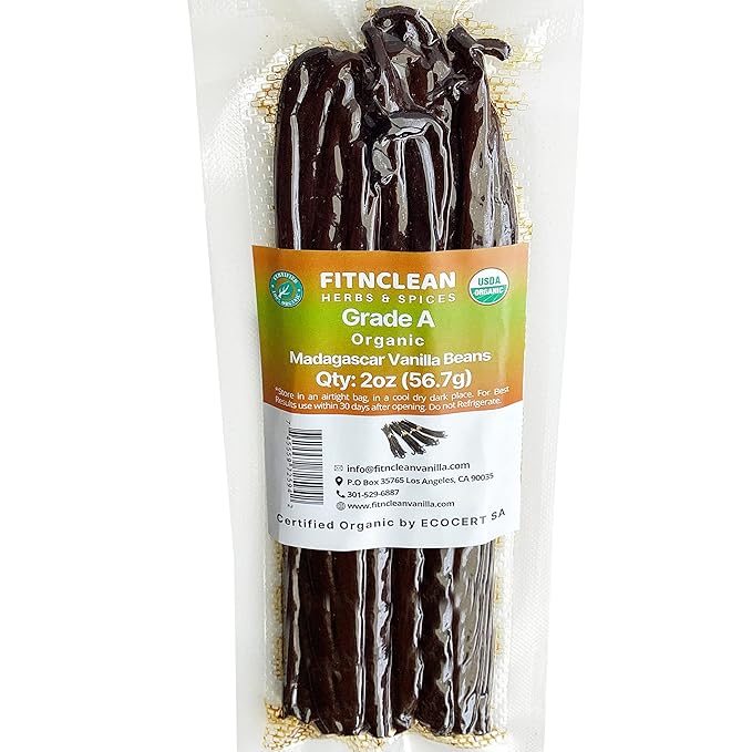 2oz Madagascar Organic Vanilla Beans Gourmet Grade A. Certified USDA Organic 6"-8" by FITNCLEAN