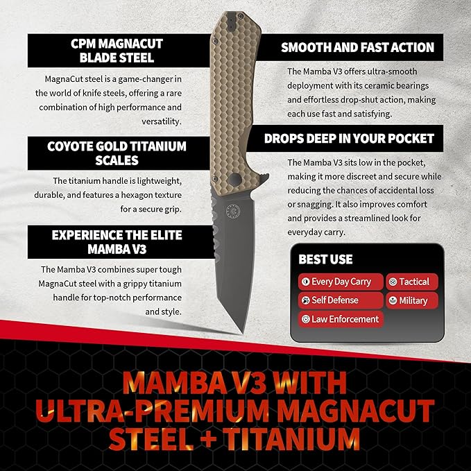 Off-Grid Knives - MAMBA V3, Large EDC Knife with MagnaCut Blade Steel, Titanium Scales and